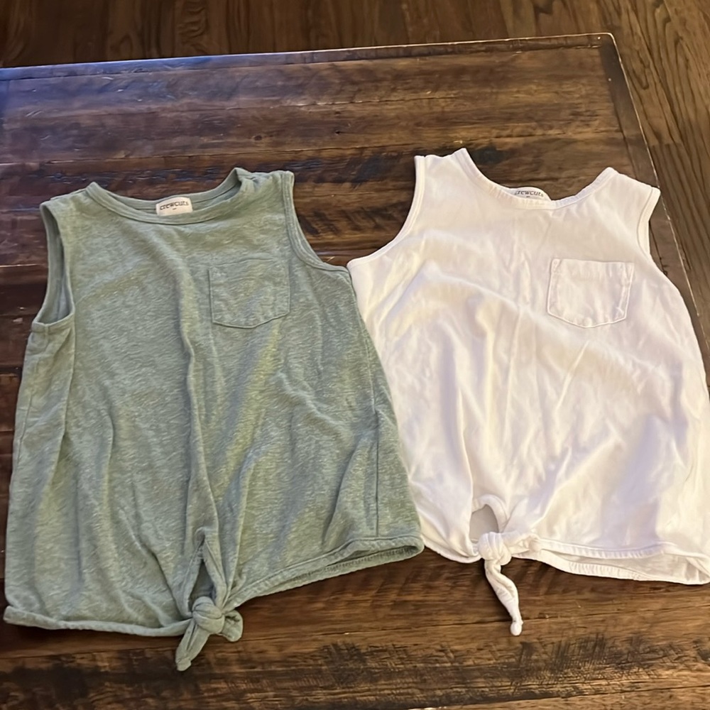 (2) Crewcuts XS (4/5) Tie Front Tank Tops - olive green and white